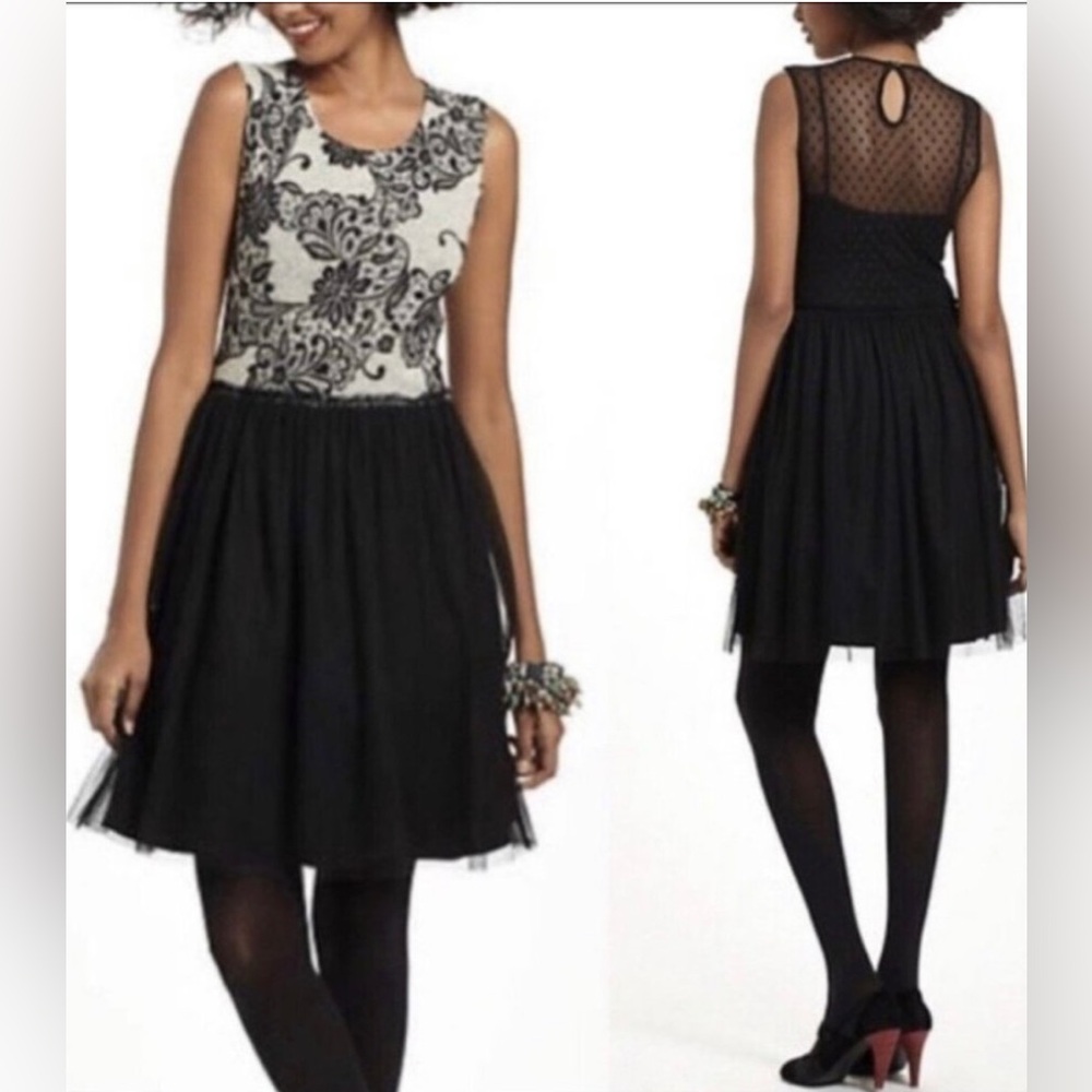 Anthropologie Weston Wear Black & Ivory Knit & Tulle Sleeveless Dress Size XS